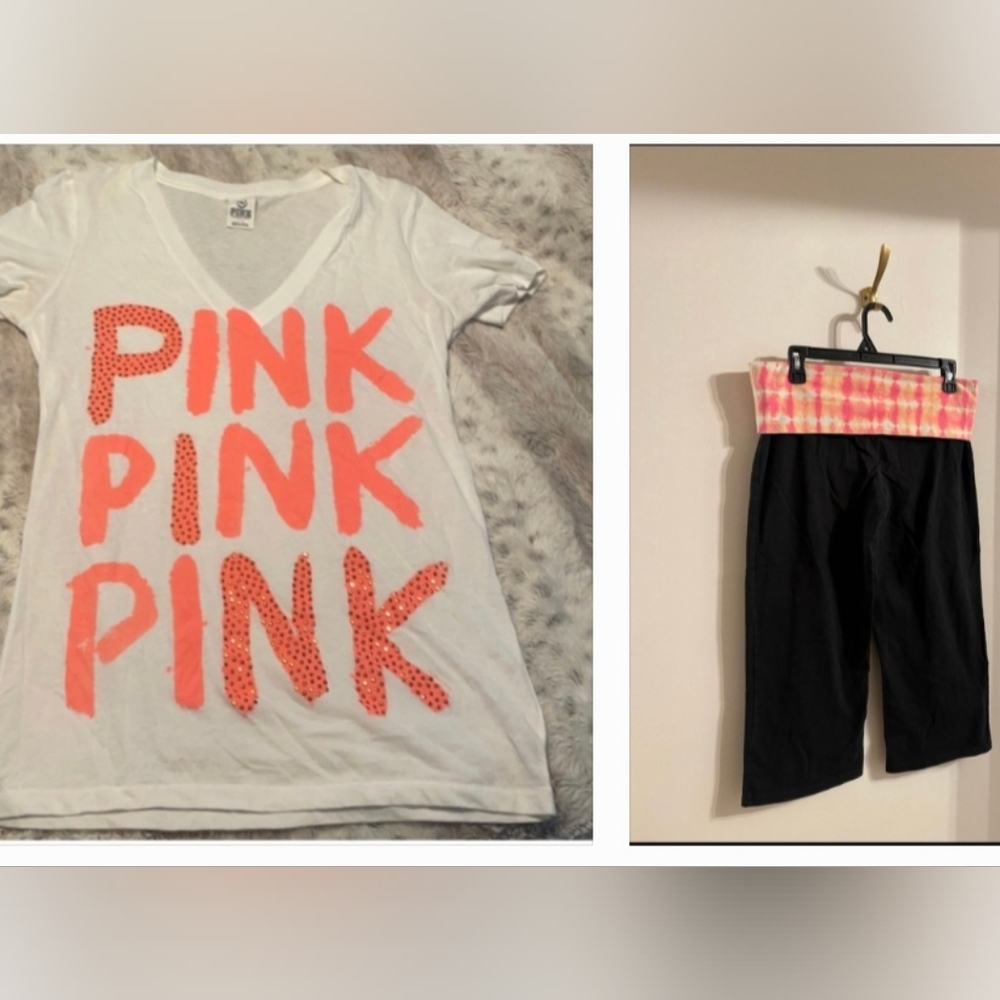 Victoria Secret Pink Outfit. Large. Cropped Foldover Yoga Pants & Shirt